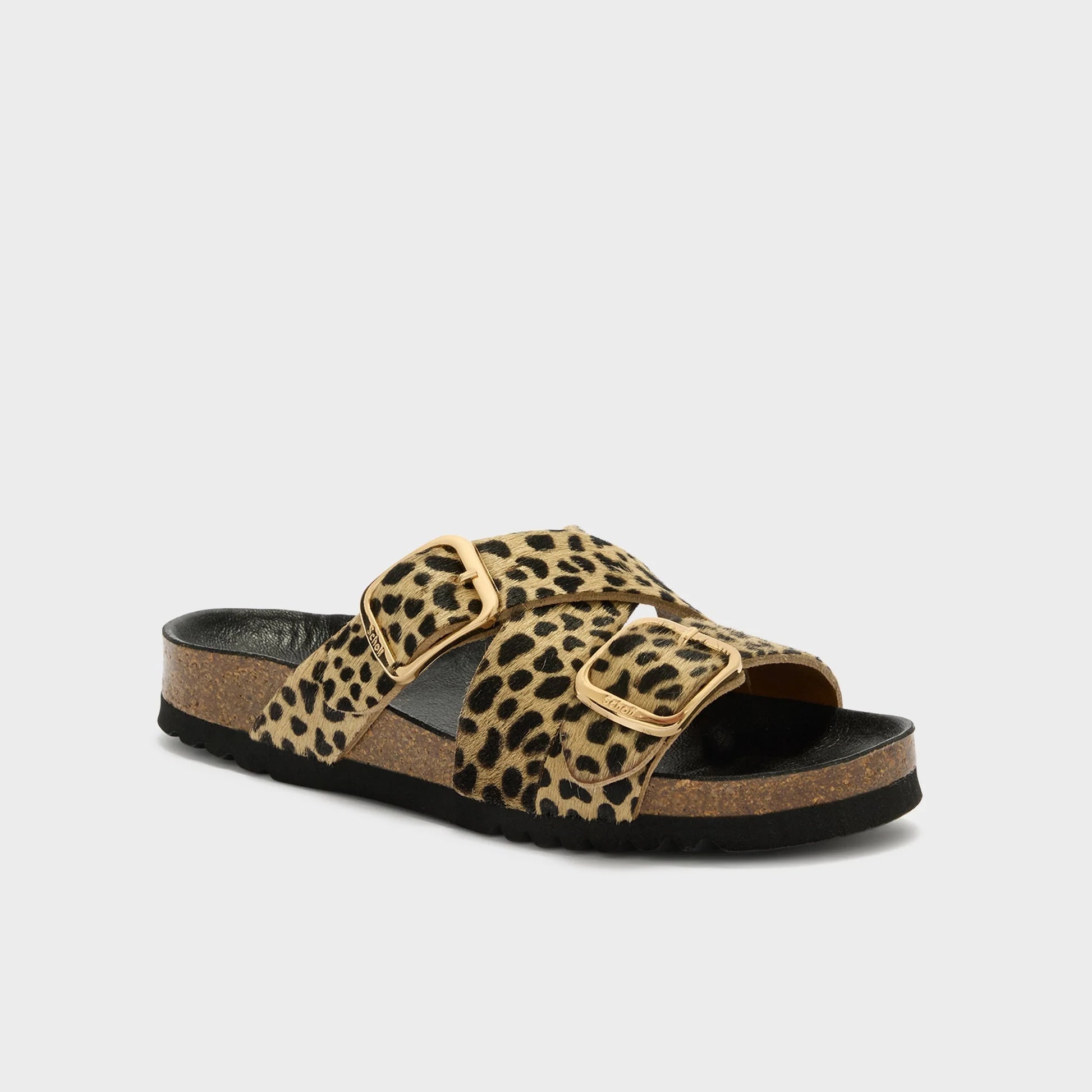 scholl Selene - Leopard Sandale Damen Seitenansicht mit überkreuzten Riemen und Schnallen im Leopardenmuster