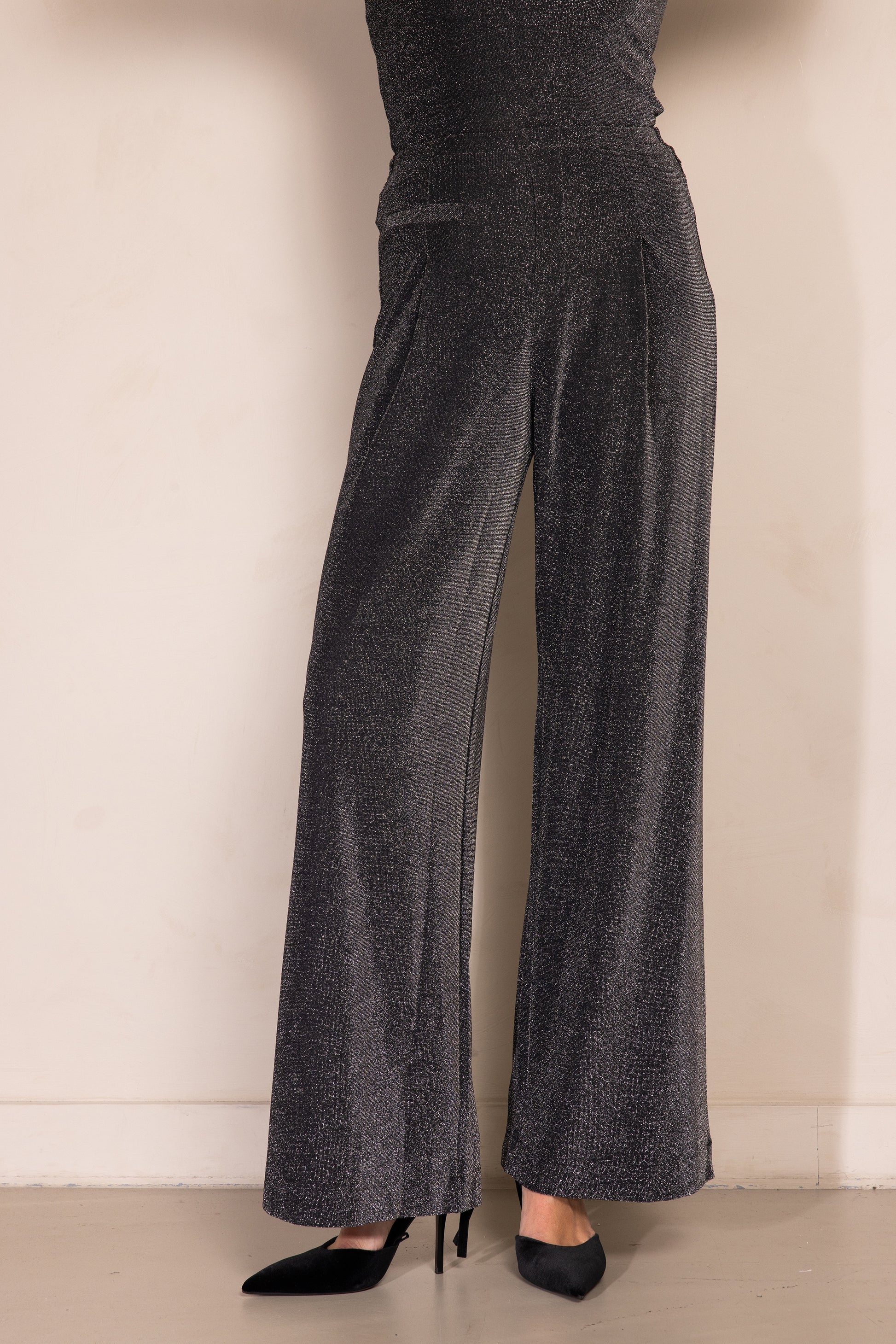Zhrill Pala - Anthra Glitzerhose in Nahaufnahme, zeigt Bundfalten und glitzerndes Material im Detail.