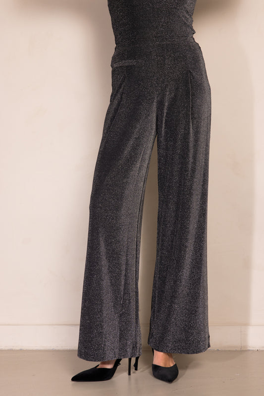 Zhrill Pala - Anthra Glitzerhose in Nahaufnahme, zeigt Bundfalten und glitzerndes Material im Detail.