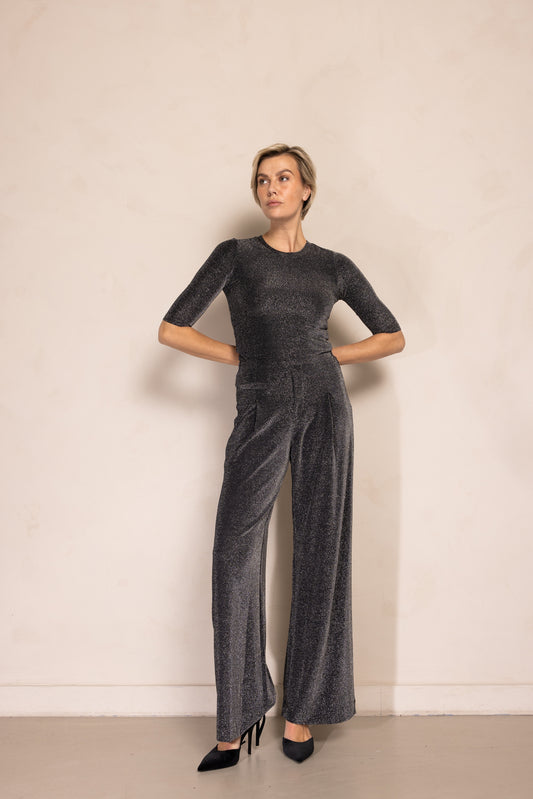 Zhrill Pala - Anthra Glitzerhose in eleganter Vollansicht mit weitem Bein und figurbetontem Schnitt.