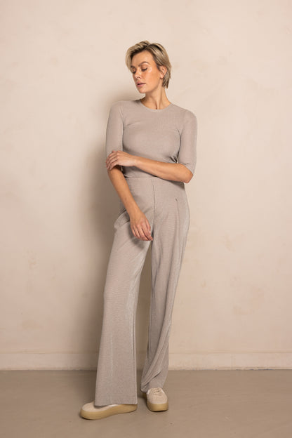 Zhrill Pala - Taupe Damenhose mit Glitzereffekt, Komplettansicht mit Modell, ideal für festliche Outfits