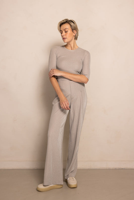Zhrill Pala - Taupe Damenhose mit Glitzereffekt, Komplettansicht mit Modell, ideal für festliche Outfits